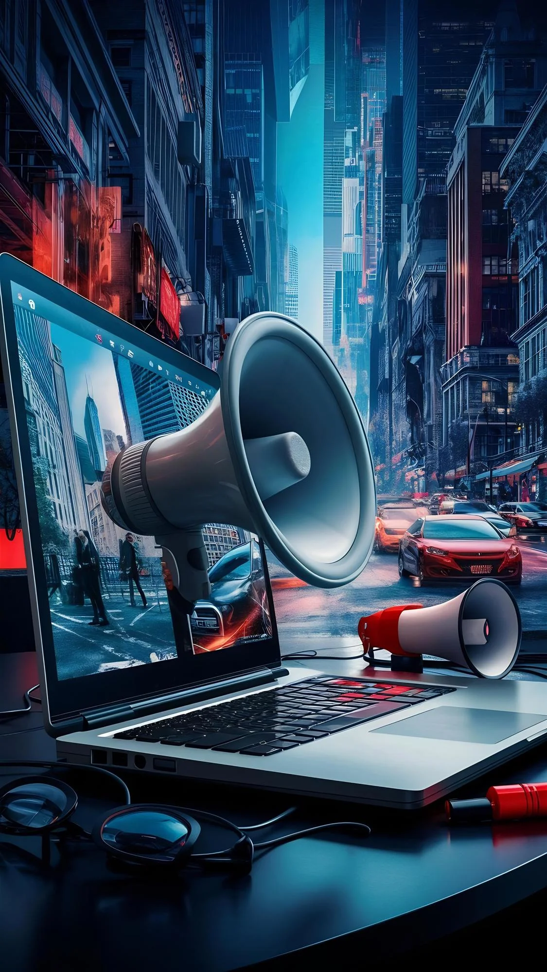 SEO vs Google Ads - laptop z megafonami symbolizujący marketing online