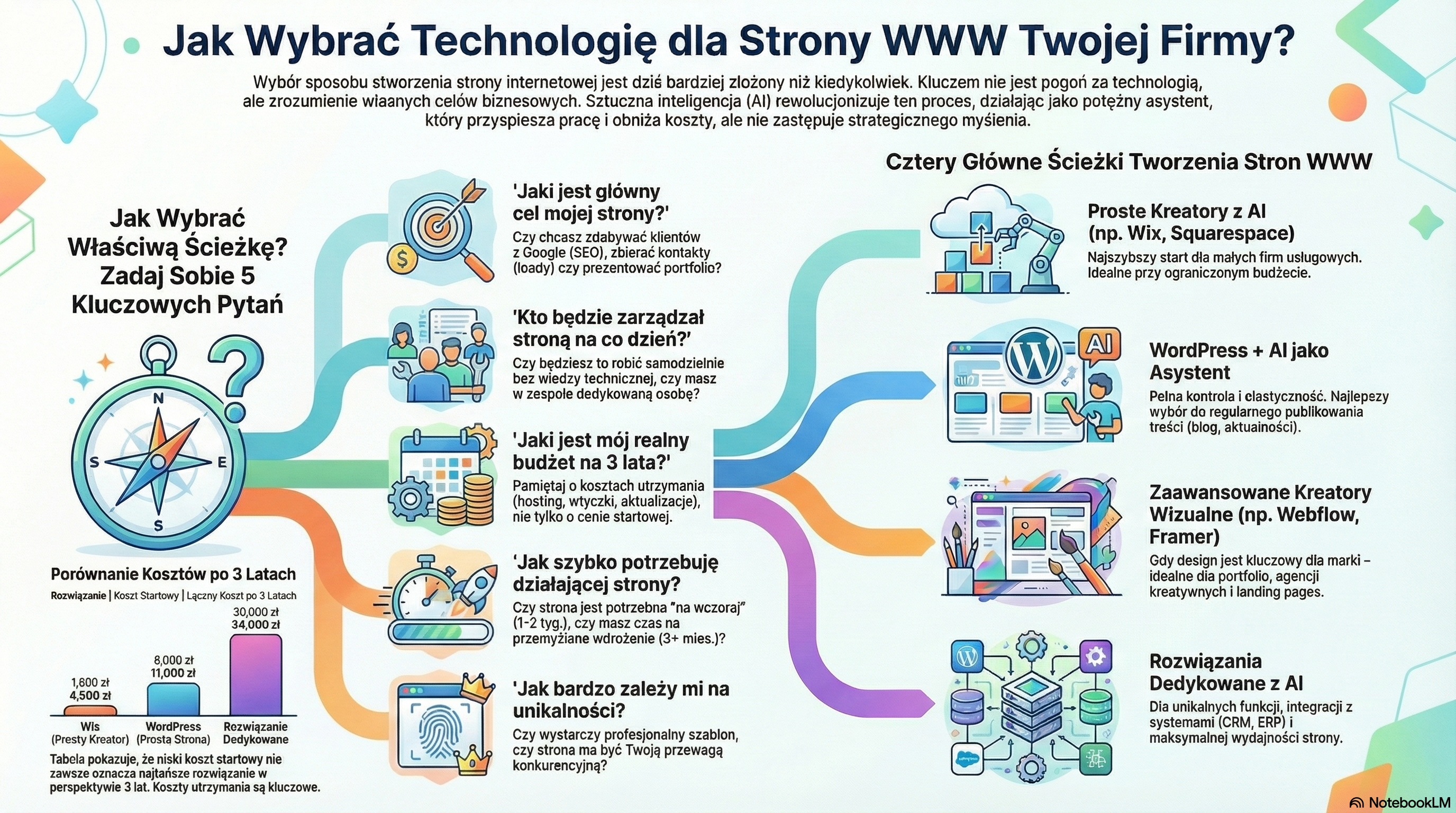Infografika: Wybór technologii dla strony internetowej - porównanie WordPress, WooCommerce, PrestaShop, SaaS i Custom Development