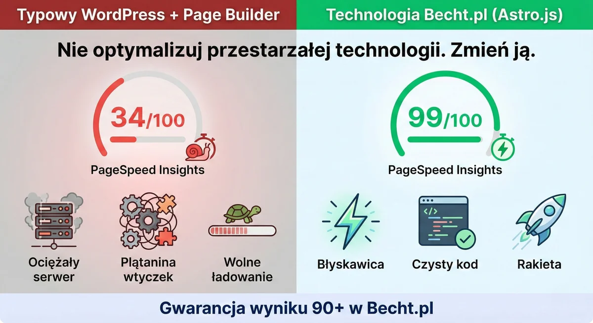 Ilustracja błyskawicy symbolizująca szybkość ładowania strony - Google PageSpeed Insights mierzy wydajność witryny poprzez wskaźniki Core Web Vitals: LCP (czas ładowania głównej treści), INP (responsywność interakcji) i CLS (stabilność wizualna). Szybka strona to lepsza pozycja w Google, niższe koszty reklam i więcej konwersji.