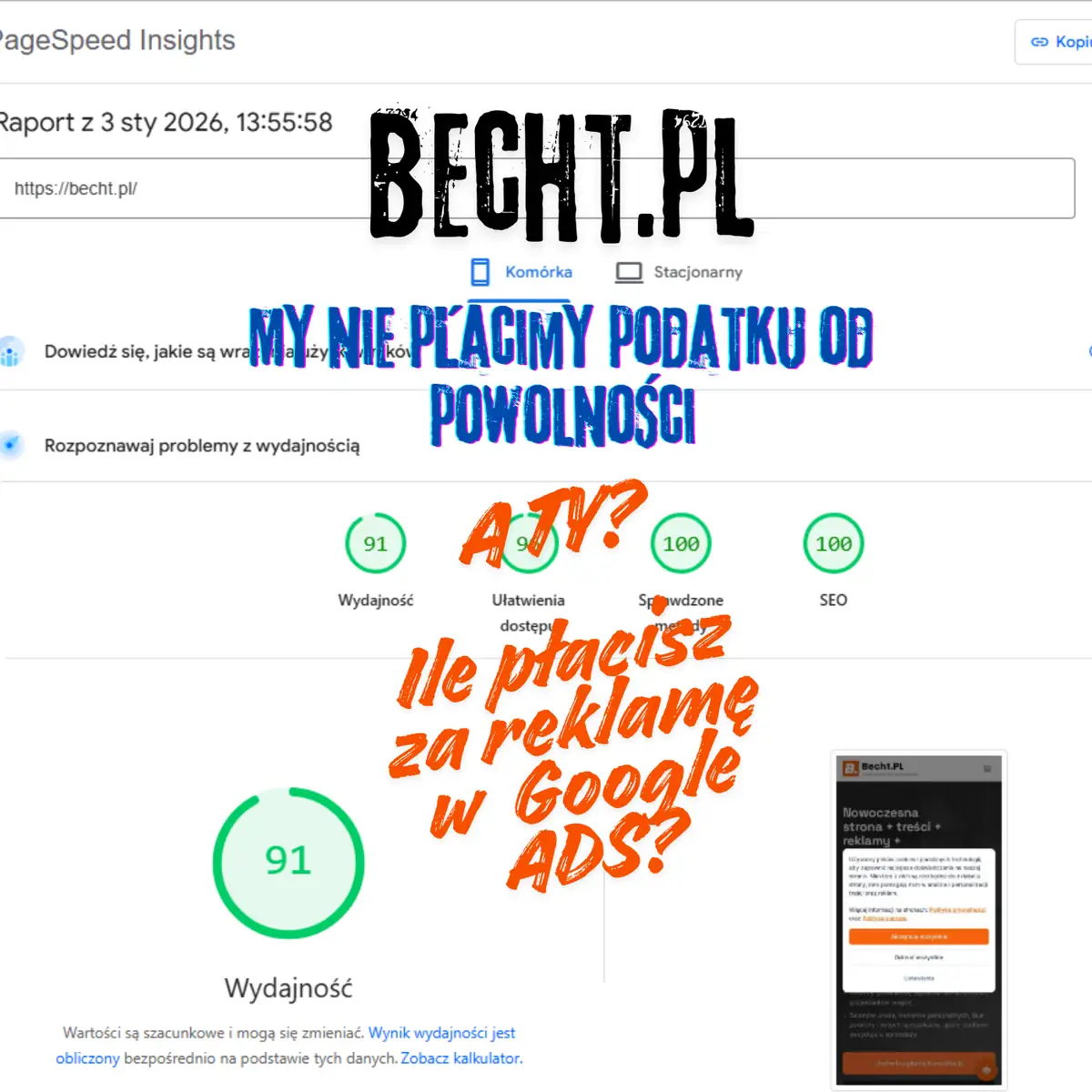 Raport PageSpeed Insights pokazujący wynik 90+ dla Core Web Vitals - LCP, INP, CLS - zielone wskaźniki wydajności strony Becht.PL